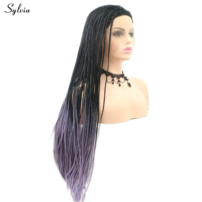 Sylvia черный Омбре грязный фиолетовый Плетеный парик с квадратными косичками синтетические волосы черный парик фронта шнурка сиреневый цвет косплей парики для женщин парик