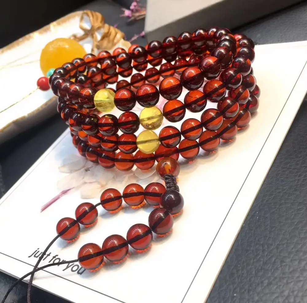 

Certificate 8.2mm Natural Blood Red Amber Women 108 Prayer Round Beads Bracelet Stretch Crystal Stretch Bracelet Jewelry