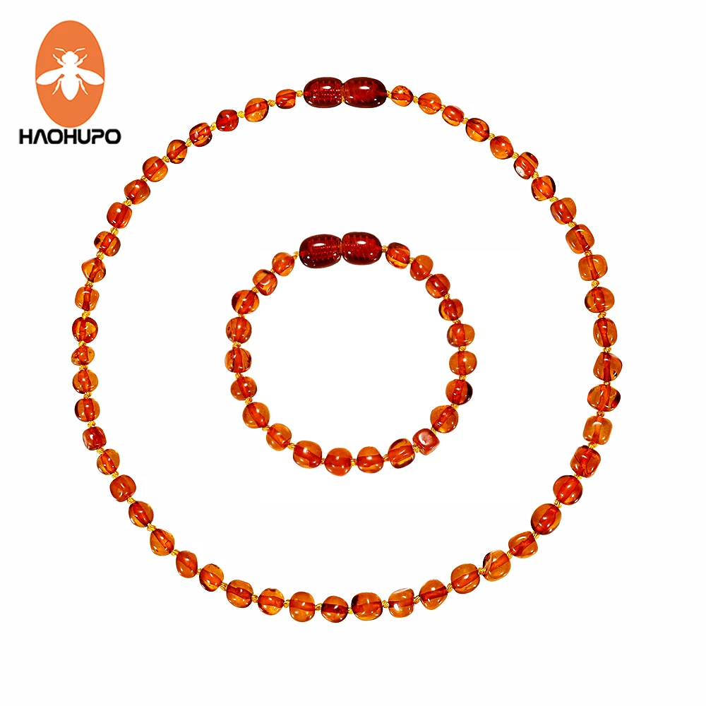 

HAOHUPO 100% Nature Baltic Amber Teething Necklace Bracelet for Baby Natural Cognac Amber Beads GIC Amber Handmade Amber Sets