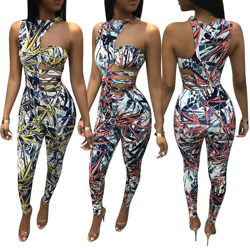 Fashion Leaf Print Bodycon Jumpsuit Romper One Shoulder Cut Out Casual jump Suit Skinny Bandage Summer Jumpsuit Women Overalls (5)