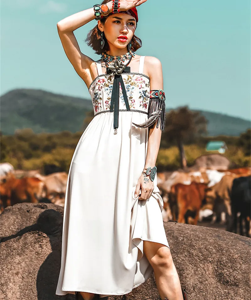 

Women New Summer Vintage Elegant Slim Strapless Sleeveless Embroidery White Satin Medium Long Sling Dress