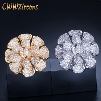

CWWZircons Luxury Cubic Zirconia Nigerian Dubai Gold Statement Large Flower Finger Rings For Women Wedding Prom Jewelry R123