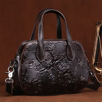 

New oil wax leather handbag female shoulder messenger bag vintage embossed genuine Leather handbags