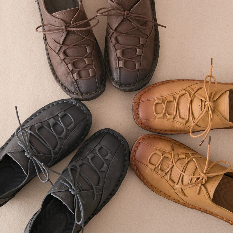 

AARDIMI 2018 New Genuine Leather Women Shoes Spring British Style Solid Mother Flats Shoes Non-slip Lace-Up Soft Retro Shoes
