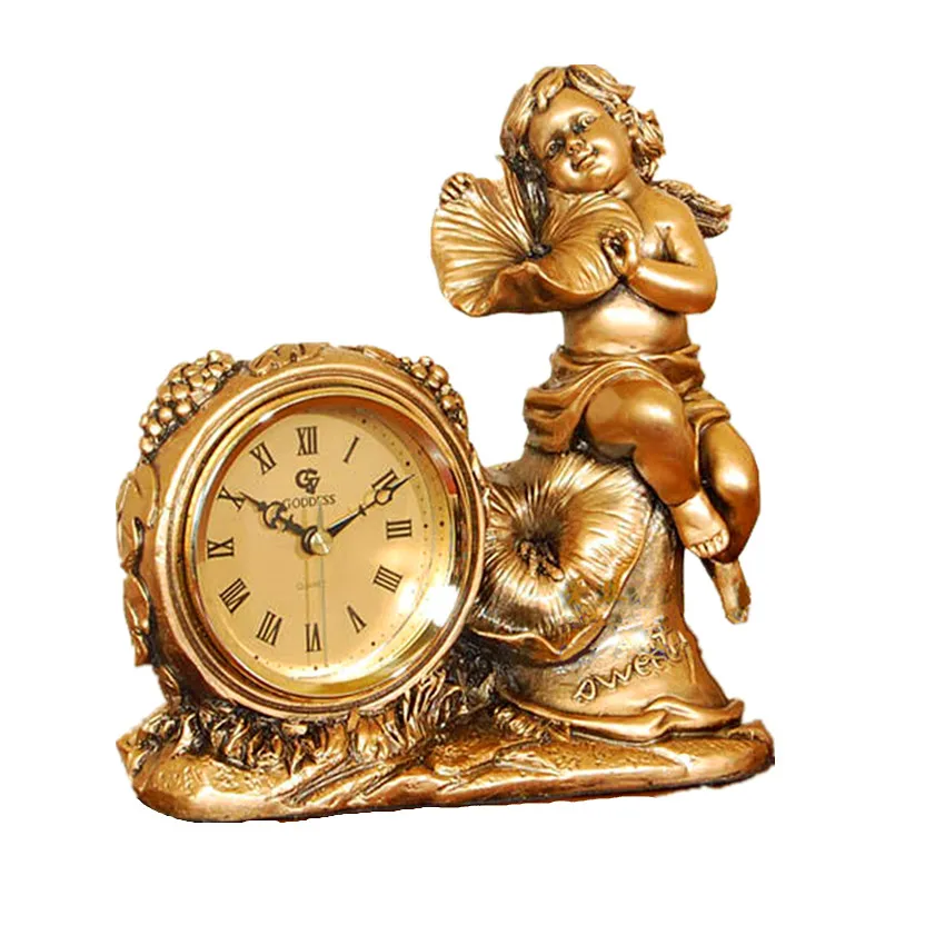Fashion Home Decoration Resin Crafts Desktop Clock European Antique Watch Golden Lily and Angel