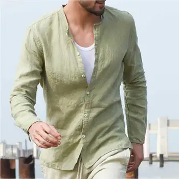 

Summer Men Shirt 2019 New Fashion Cotton Linen Stand Collar Long Sleeve Shirts Casual Solid Male Camisas