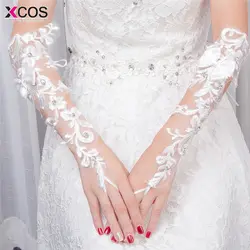Дешевые белые кружевные свадебные перчатки с бисером Локоть noiva свадебное платье перчатки крюк палец Свадебные аксессуары 2018