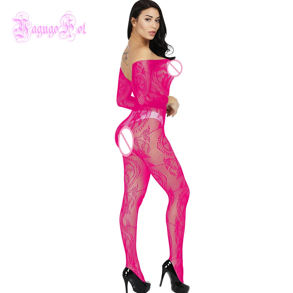 Sexy Fishnet Sheer Crotchless Swirly Lace Teddy Floral Long Sleeved Bodystocking Lingerie Intimates Babydoll Bodysuit Catsuit