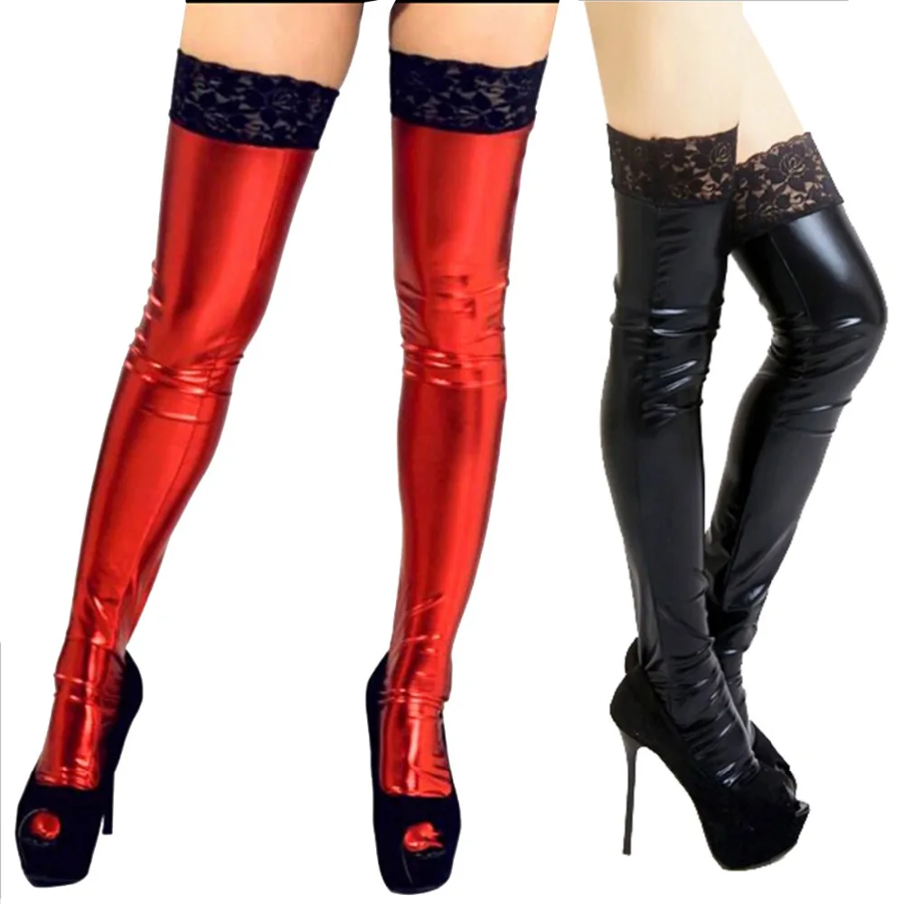 Women Sexy Over Knee Sockings Faux Leather Thigh High Stockings Non-slip Long Knee Socks Accessories