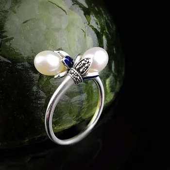 

Real Pure 925 Silver Sterling Ring Enamel Engagement Womens Rings Jewelry Natural Pearl Resizable Fine Jewelry Anelli