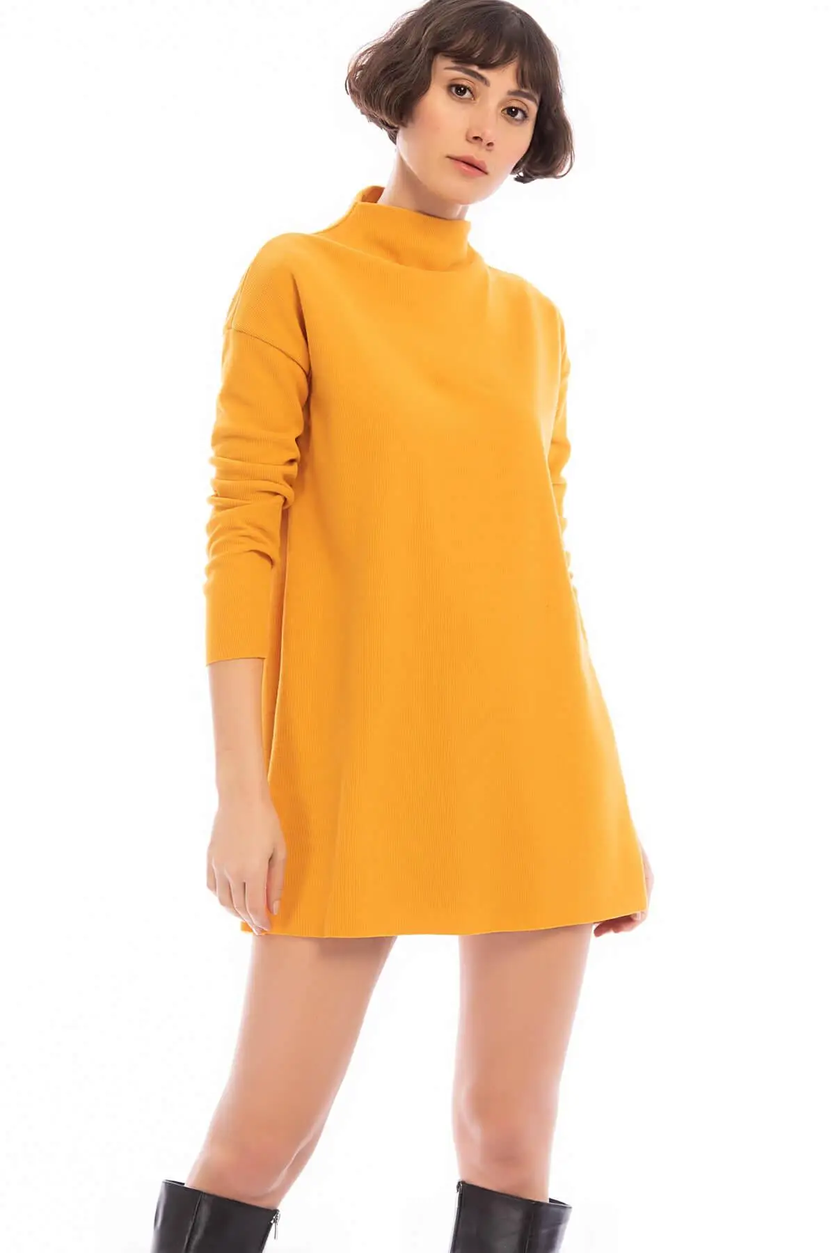 Cotton Mood Women Mustard Selanik Upright Collar Skirt Slits Tunic Dress 8502829 | Женская одежда
