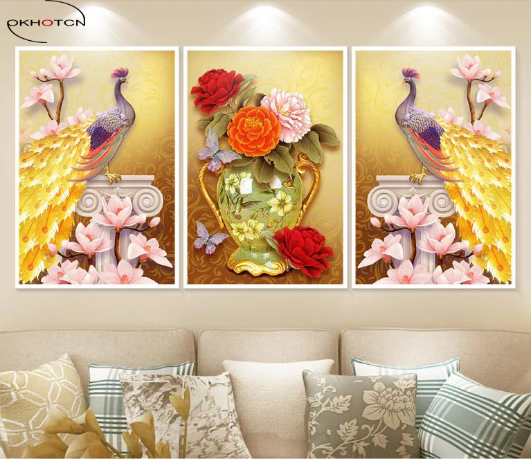 

OKHOTCN Unframed 3 Pieces/Set Gorgeous Peacock Hibiscus Painting Wall Pictures For Living Room Decor Canvas Art Posters Prints