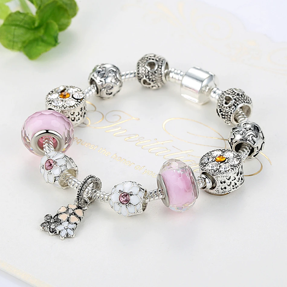 ELESHE Original 925 Enamel Silver Daisy Flower Crystal Charms Bracelet Bangle With Murano Glass Bead for Women Wedding Jewelry