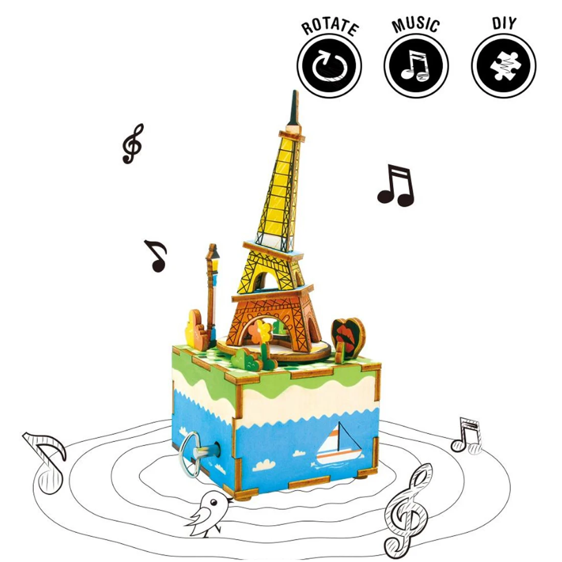 

Romantic Eiffel Theme Shape 3D Puzzle Building Blocks DIY Music Box Stem Home Decoraction Sets Learning Education Toys For Kids