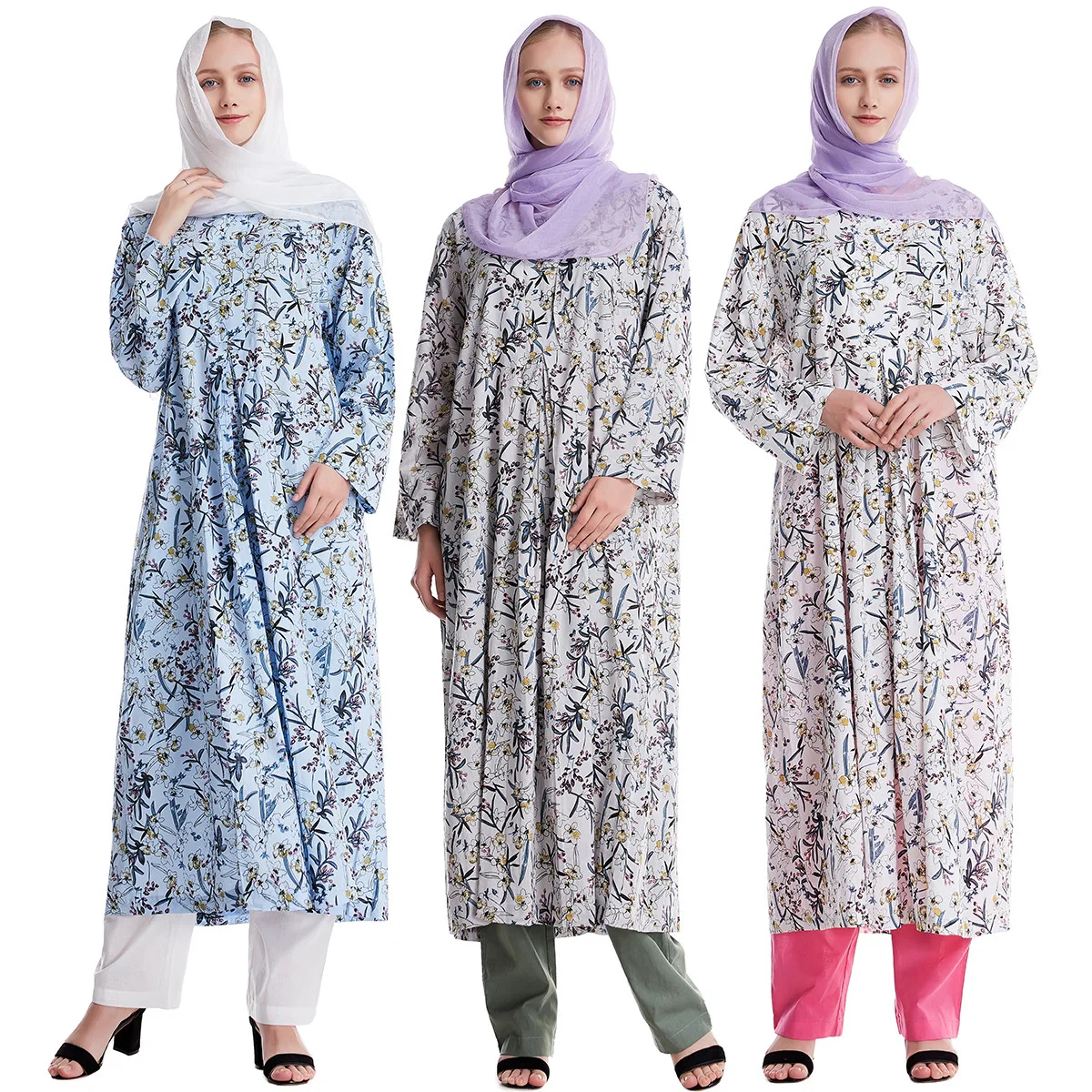 

Muslim Pure Cotton Printed Lady Thobe Pants Two-piece Suit Casual Long Sleeves White, Grey, Blue Colors Robe