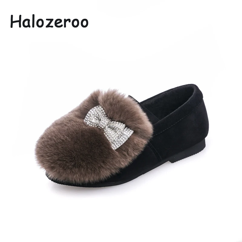 

Halozeroo 2018 New Winter Baby Girl Rhinestone Black Shoes Children Fashion Warm Flats Kid Bow Brand Loafer Soft Fur Shoes