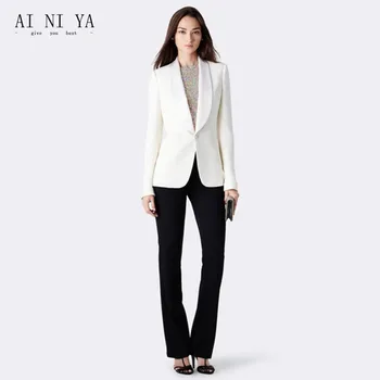 

Women Business Suits Ivory Jacket Black Pants Single Breasted Female Office Uniform Ladies Formal Trouser Suit