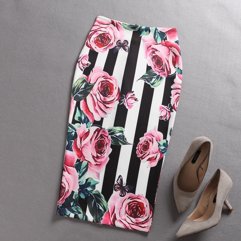 

2018 Autumn New Women Retro Rose Flower Black White Striped Floral Print High Waist Pencil Skirt Tube Saia for Work