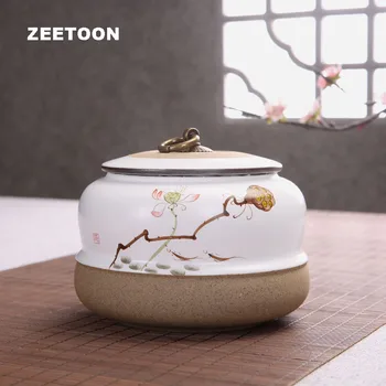 

Japanese Coarse Pottery Handpainted Lotus Tea Cans Candy Jar Storage Sugar Bowl Caddy Black Tea Cylinder Creative Home Ornament