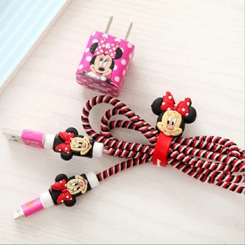 

New Mickey and Minnie USB Cable Earphone Protector Set with Cable Winder stickers Spiral Cord protector For iphone 5 6 6s 7plus