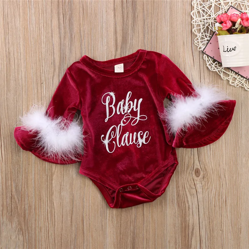 

Cute Baby Kids Girls Santa Claus Fur Leather Patchwork Bodysuit Outfits Long Flare Sleeve Letter Christmas Cotton Bodysuit 0-24M