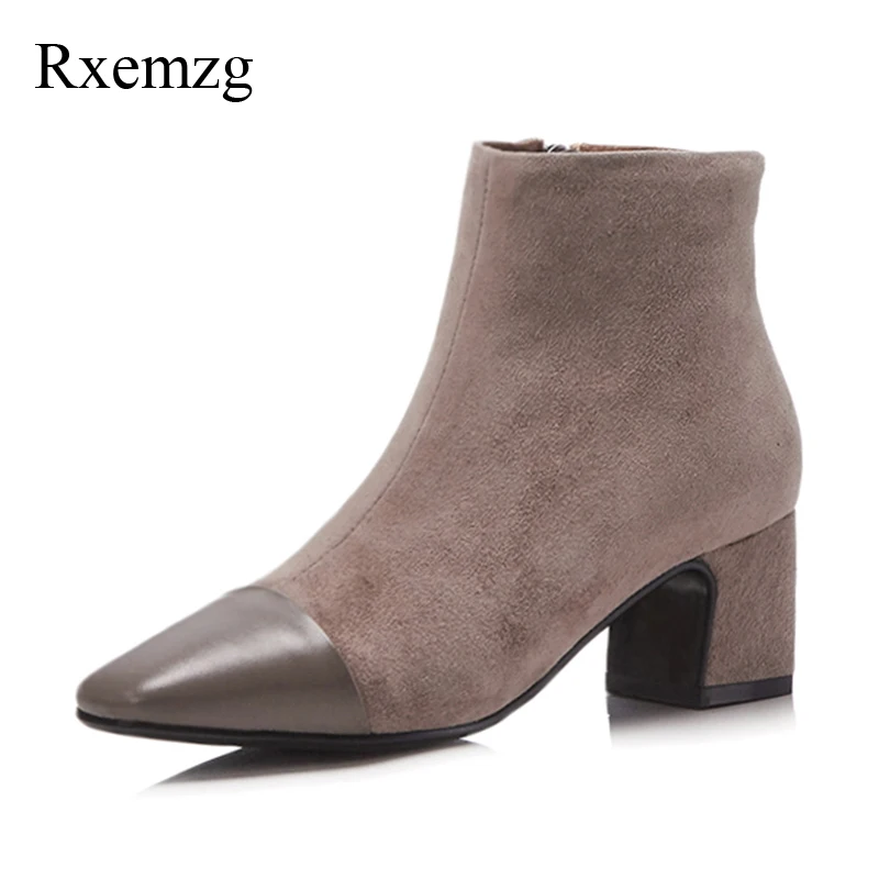

Rxemzg fashion zipper ankle boots autumn real leather boots women square toe kid suede high heels short boots winter shoes woman