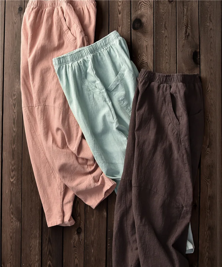 Johnature, женские штаны-шаровары из хлопка и льна, свободные брюки, осень, новинка, эластичная талия, одноцветные, с карманами, в стиле пэчворк, женские штаны