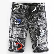 Мужские модные летние патч джинсовые шорты вышитый значок стрейч джинсы бермуды лодыжки рваные свободные шорты#317