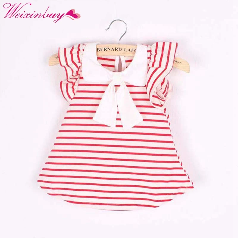 

Baby Girl Summer Mini Dress Baby Girl Cotton Striped Printed Bow Decorate Cute Princess Dress 2 Colors