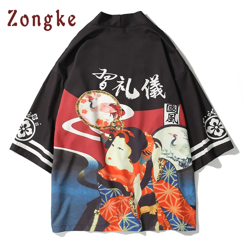 

Zongke Japanese Kimono Cardigan Men Japan Geisha Print Long Kimono Cardigan Men Thin Mens Kimono Cardigan Jacket Coat 2018