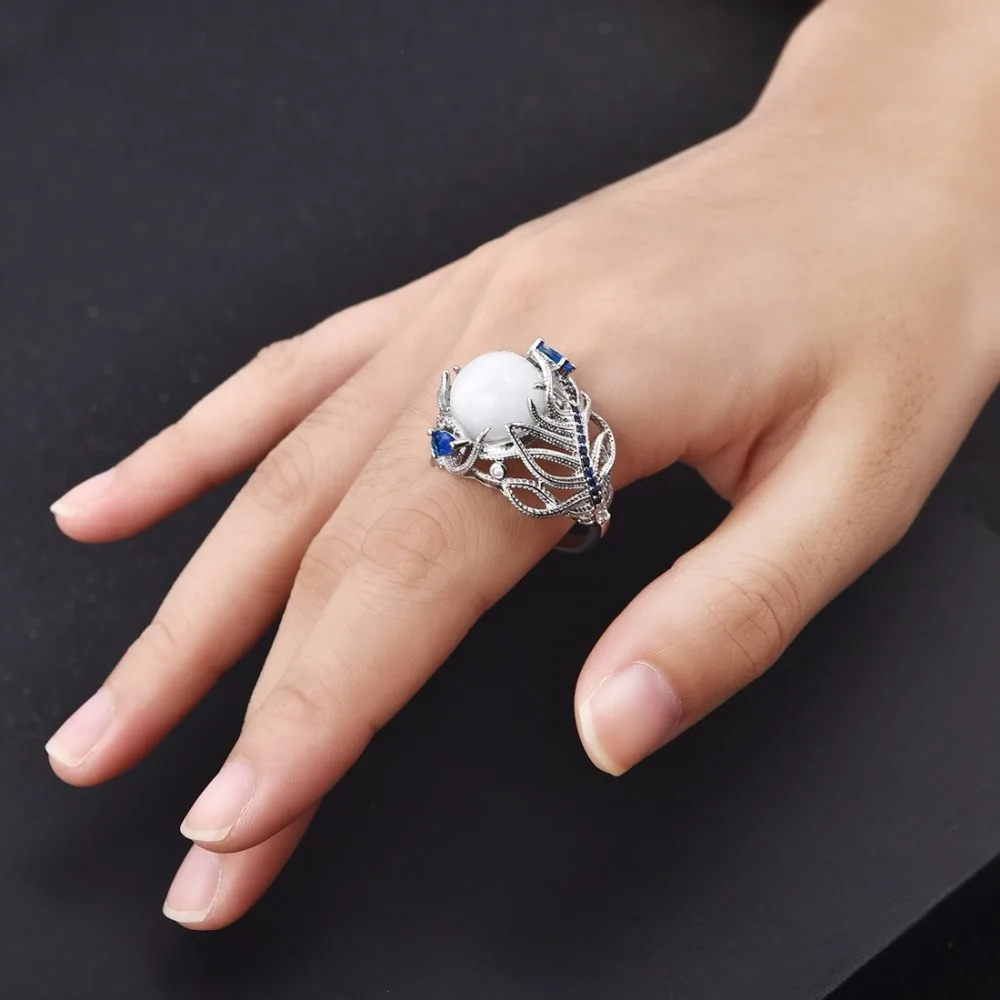 2018 Vintage Silver Hollow Natural Opal Cat Eye Rings Silver Feather Big Stone Rings for Women Fashion Jewelry