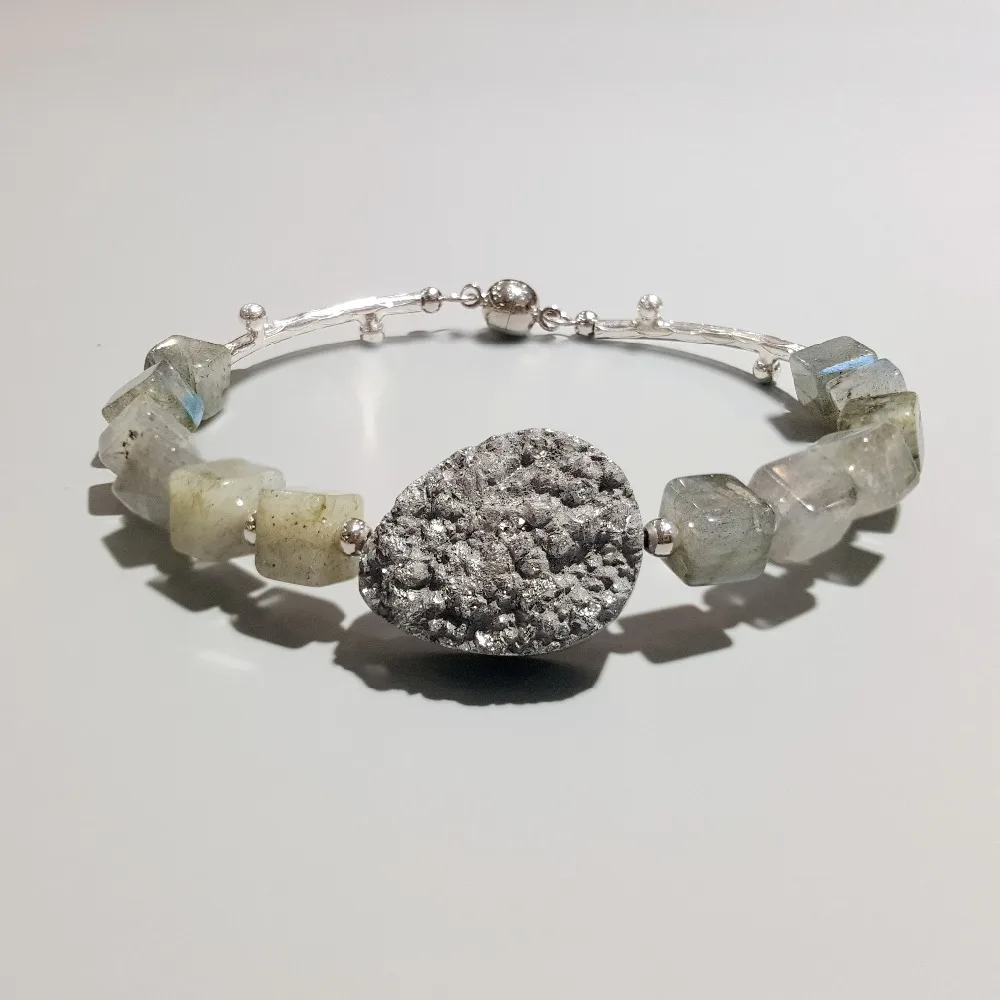 

Lii Ji Natural Stone Labradorite Druzy Drusy Crystal Cuff Bracelets
