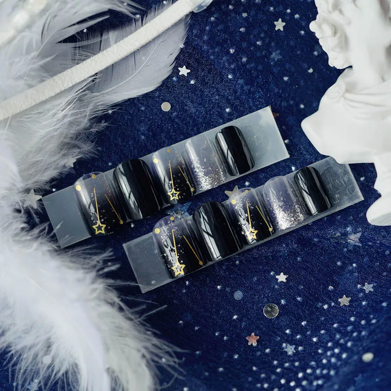 24pcs Shiny Paillette Black Fake Nails Star Moon Decor Wearable Artificial Acrylic Short False Nail Patches With Glue For Party