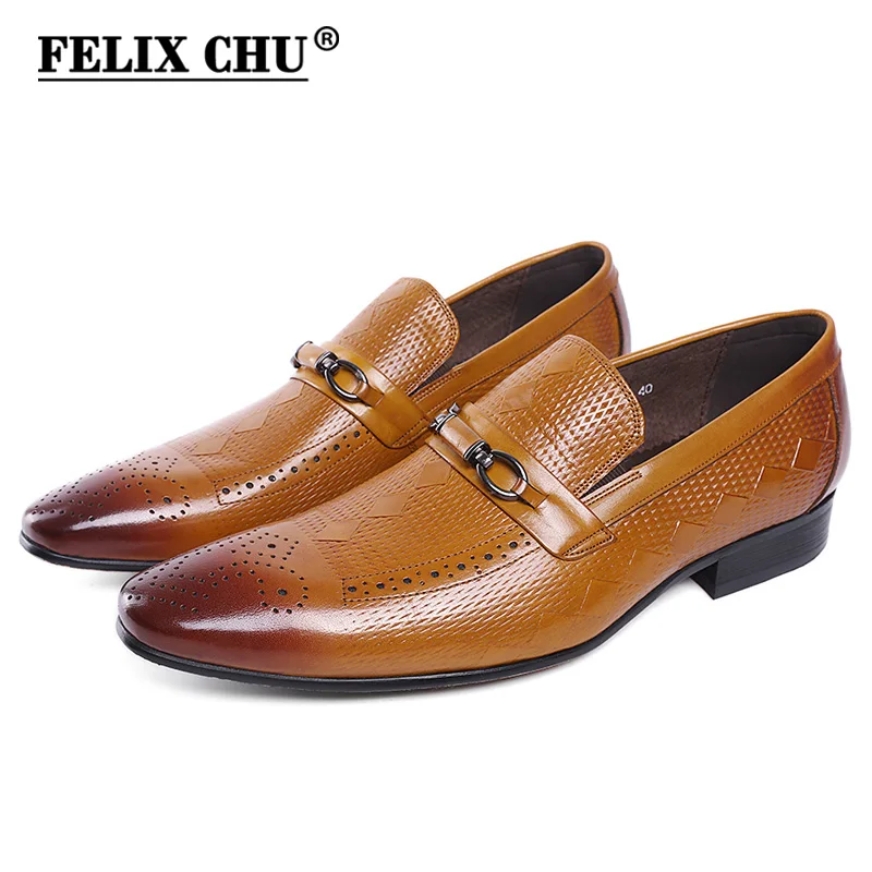 

FELIX CHU Genuine Leather Slip On Men Brown Loafers With Metal Button Pointed Toe Office Weeding Party Dress Shoes Men's Flat