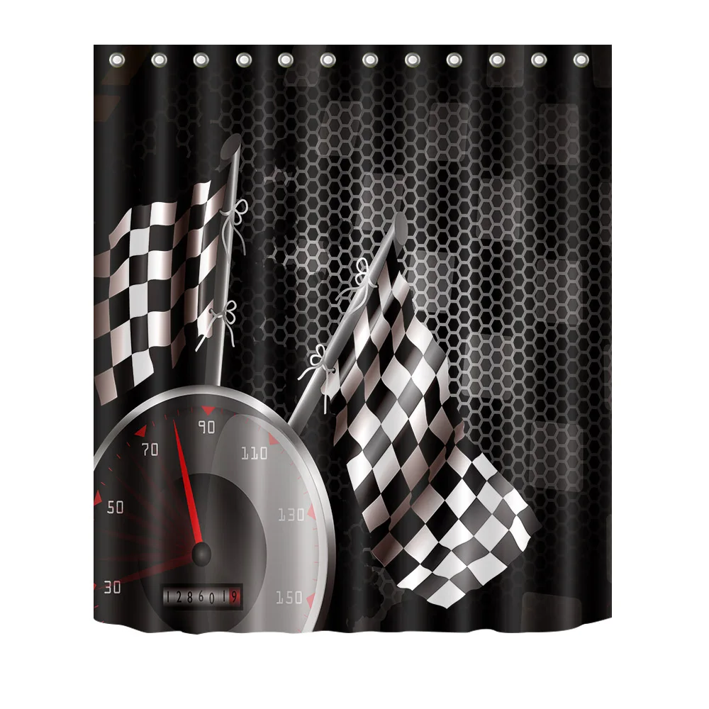F1 Car Racing Shower Curtain Black And White Plaid Flag Bathroom Waterproof Washable Polyester