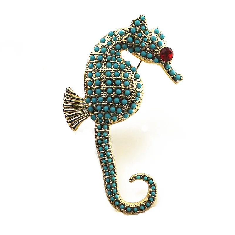 

2019 free shipping New style alloy seahorse inlaid with blue beads animal fashion personality brooch