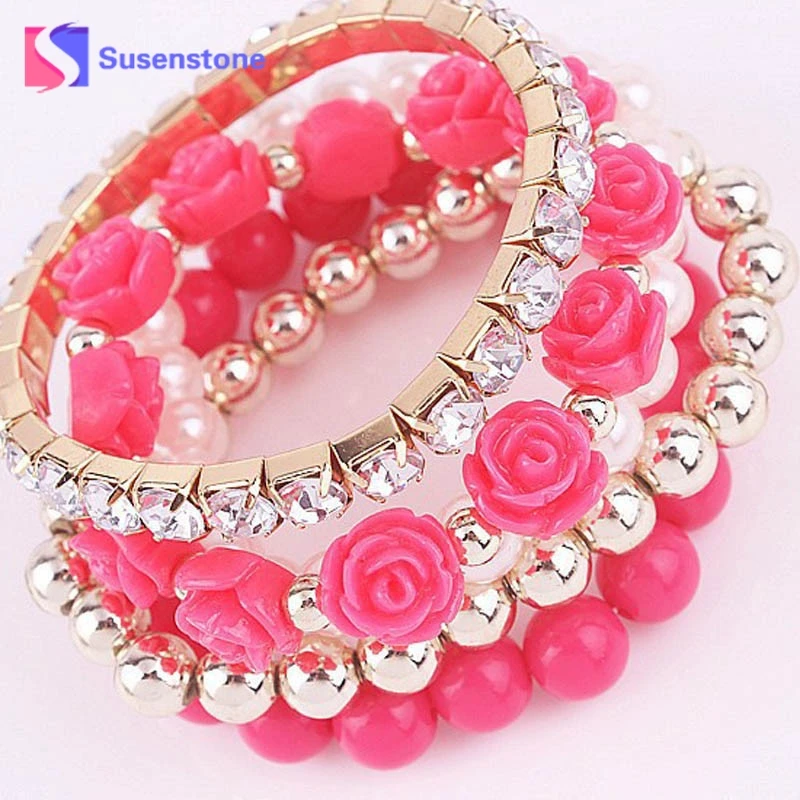 

susenstone Vintage Bracelets Wrap Bracelets Handmade Shining Rhinestone Rose Pearl Crystal Elastic Bracelet Beads Bangle Jewelry