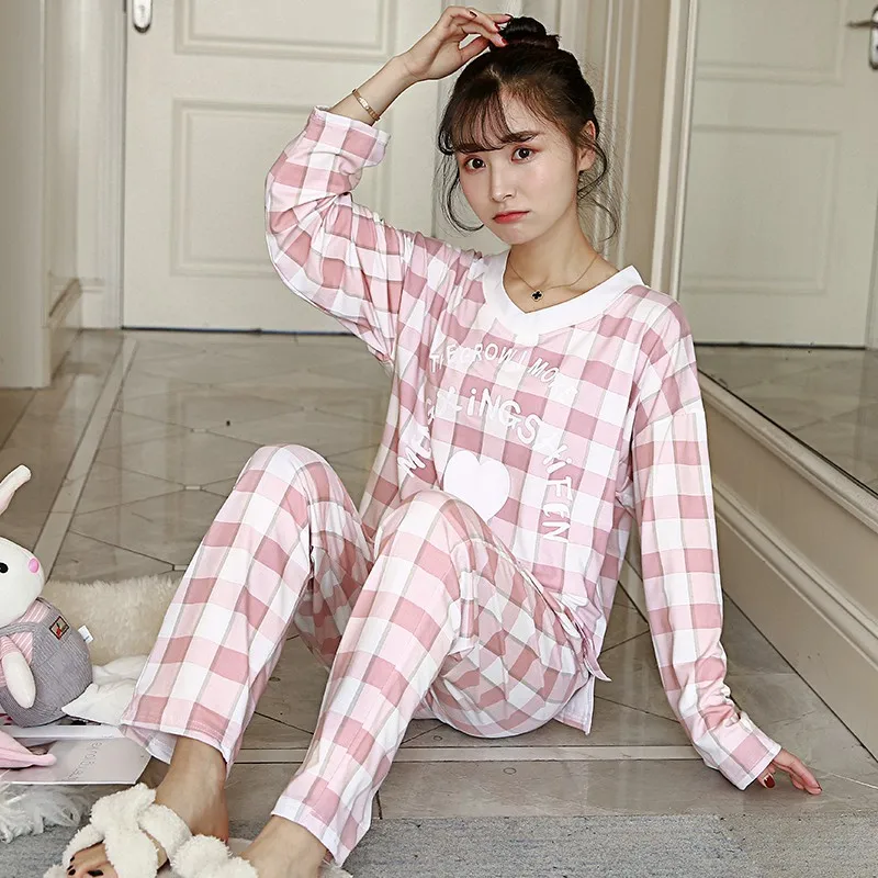 

2019 Spring Cotton Pajama Sets for Women Long Sleeve Pyjama Casual Plaid Sleepwear Homewear Pijama Mujer Loungewear Home Clothes