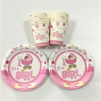 

32pcs/lot Pink Baby Girl Gender Reveal Disposable Tableware Set Baby Girl Born Party Birthday Party Decoration Supplies