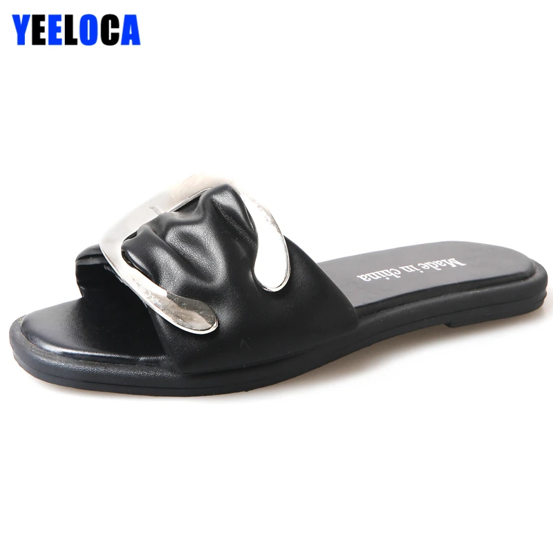

YEELOCA Slippers Women Summer Flat with Open Toe Low Heels Metal Decoration Outside Slides Fashion Black Casual Shoes Woman