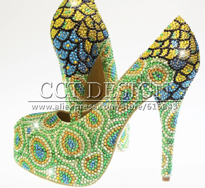 

Unique Green Rhinestones Women Wedding Shoes Handmade Platforms Crystal High Heels Party Prom Pumps Shoes