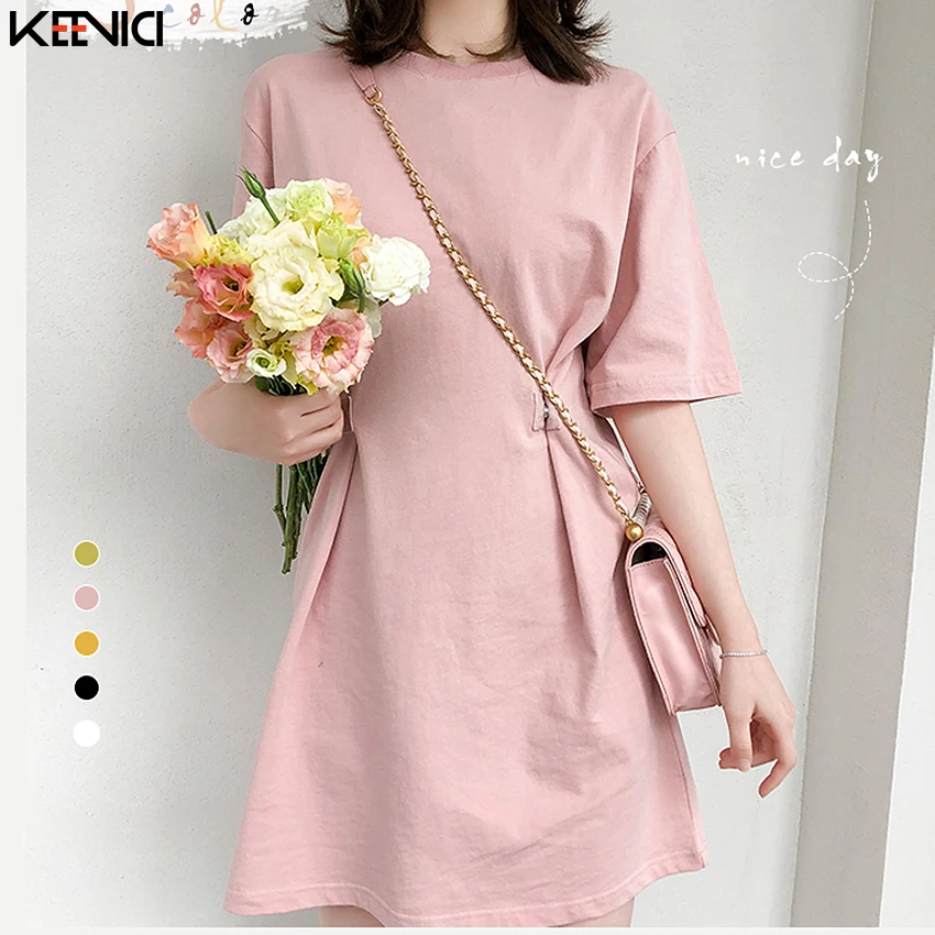

2019 New O-neck Button Solid Color Short-sleeved Plus Size Dress Female Summer Casual Simple Loose Short T Shirt Dress Female