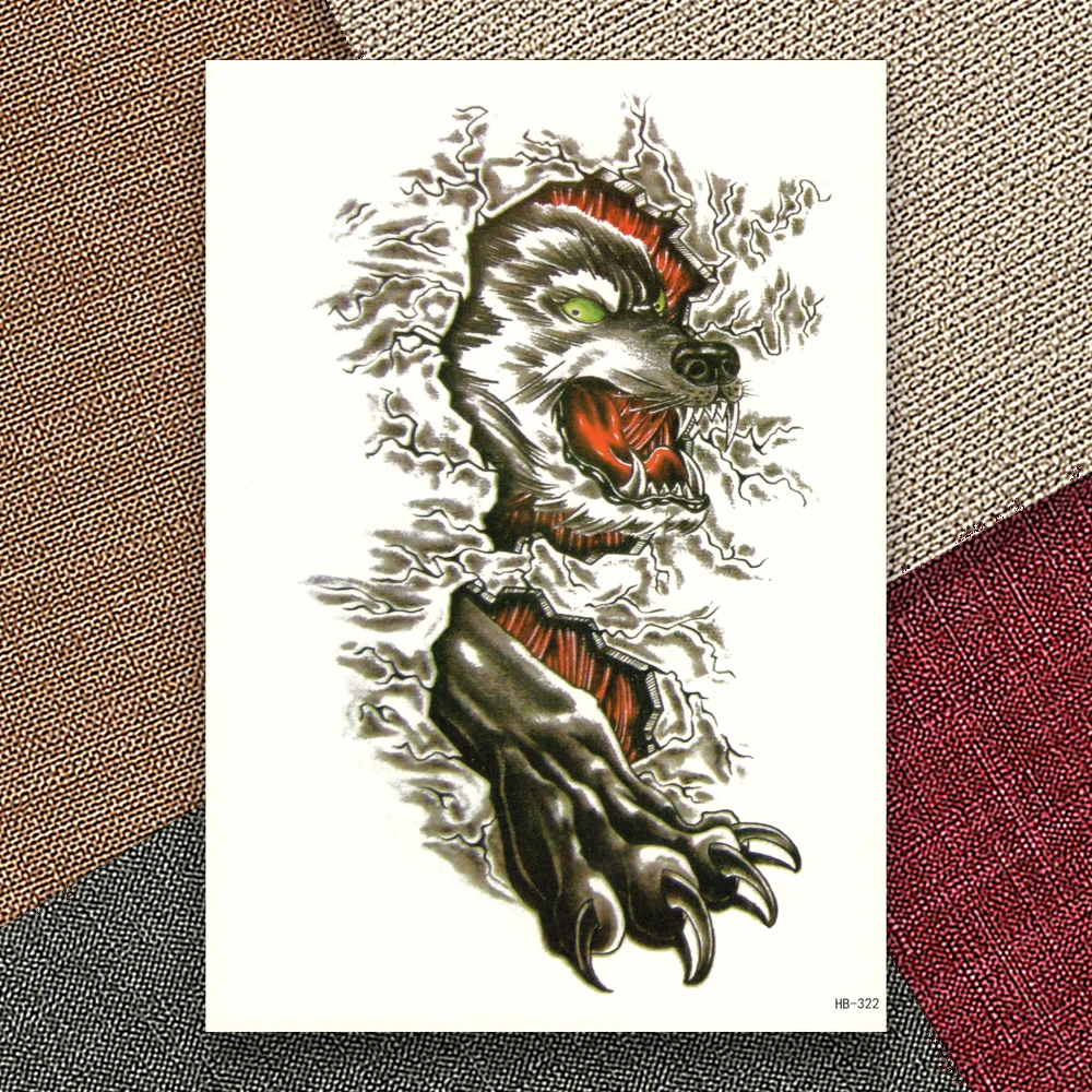 3D Serigala Binatang Palsu Tato Transfer Air Stiker Sementara Tahan