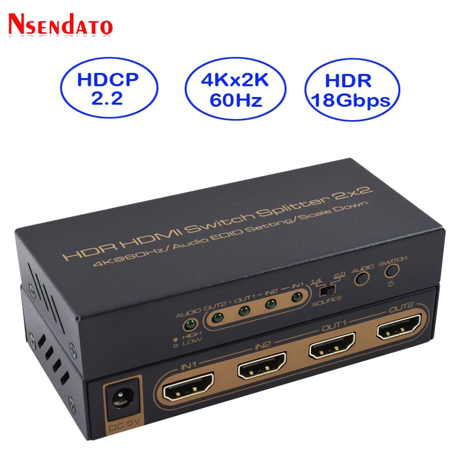  HDR HDMI 4K Splitter 2x2 4Kx2K 60Hz 2 In 2 Out HDMI Switch Converter with Audio EDID Scaler Down Fo