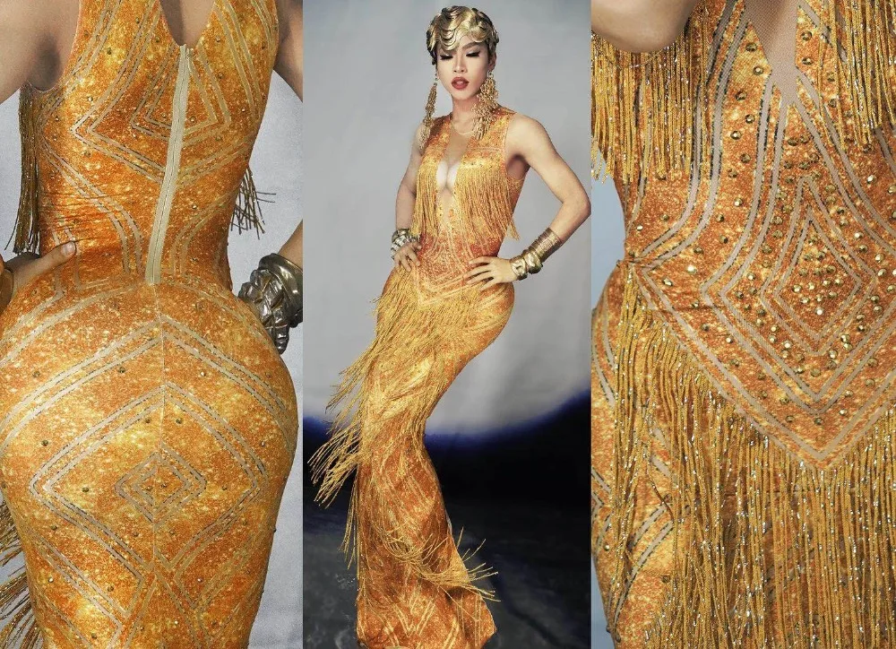 Gold Strass Franjes Jurk Nachtclub Stadium Slijtage Mouwloze Kwastje Jurken Zanger Avond Prestaties Kwastje Lange Jurk Gold Strass Franjes Jurk Nachtclub Stadium Slijtage Mouwloze Kwastje Jurken Zanger Avond Prestaties Kwastje Lange Jurk