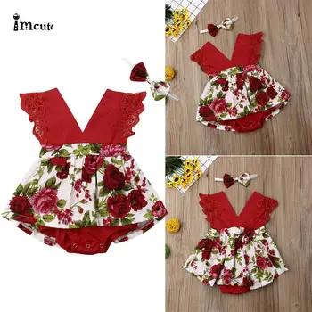 

Infant Newborn Toddler Baby Girl Clothes Lace Floral Red Sleeveless V-neck Jumpsuit Bodysuit Dress Headband Outfits