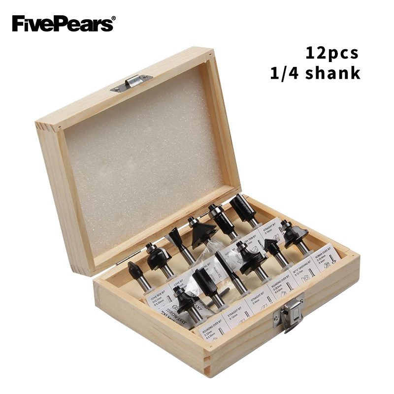 

FIVEPEARS 1/4 inch 12pcs Router Bits Set Professional Shank Tungsten Carbide Router Bit Cutter Set With Wooden Storage Box