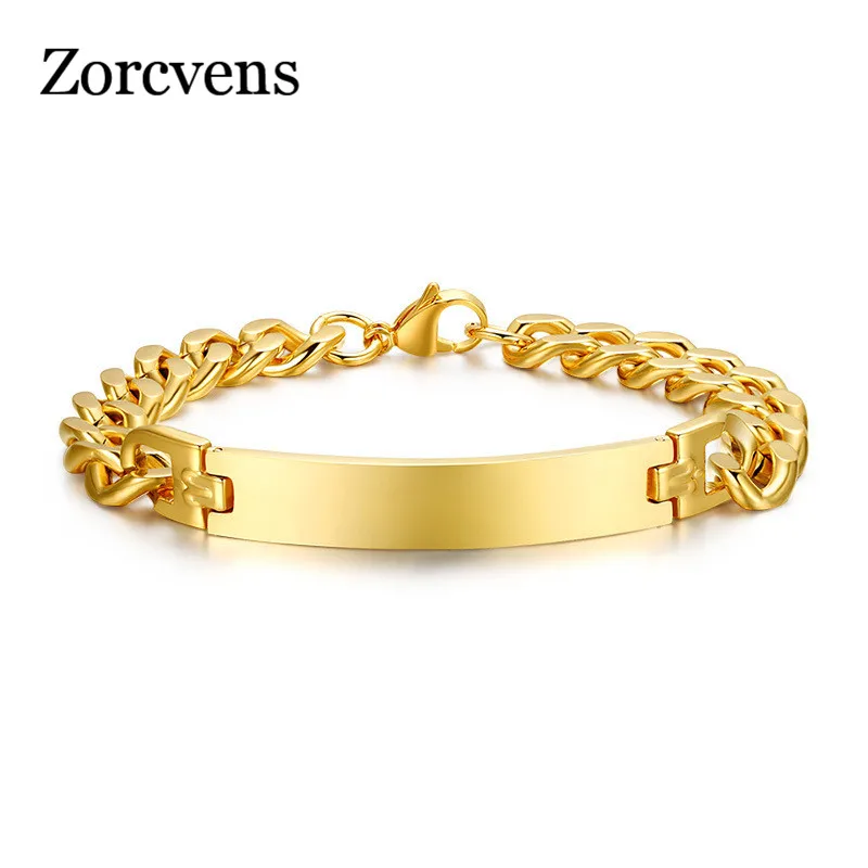 ZORCVENS мужские ID браслеты из нержавеющей стали, браслет цвета золота, цепочка для бордюра, весеннее закрытие, настраиваемое имя, дата, информация для мальчиков