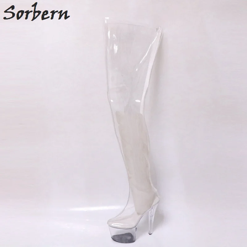 Прозрачная пластиковая пикантная Фетиш обувь выше колена высокие сапоги унисекс 20 см каблук/9 см платформа женские сапоги с высоким голенищем