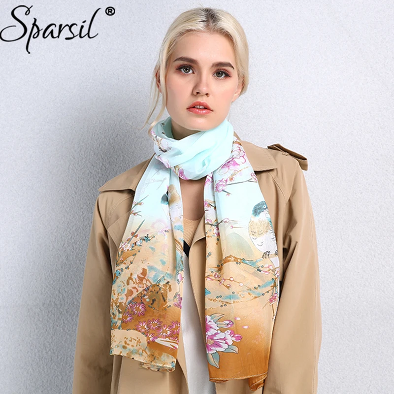 

Sparsil Women New Spring Long Flower Animal Printed Scarf High Quality Chiffon Wraps Summer Fashion Fake Silk Scarves Female